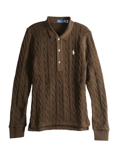 Polo Ralph Lauren Cable-knit Buttoned Polo Top Dark Brown In Multi