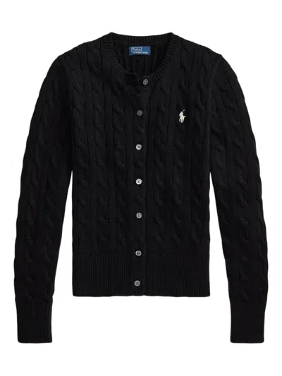 Polo Ralph Lauren Button-up Cable Knit Sweater-cardigan With Ribbed Detailing In Black