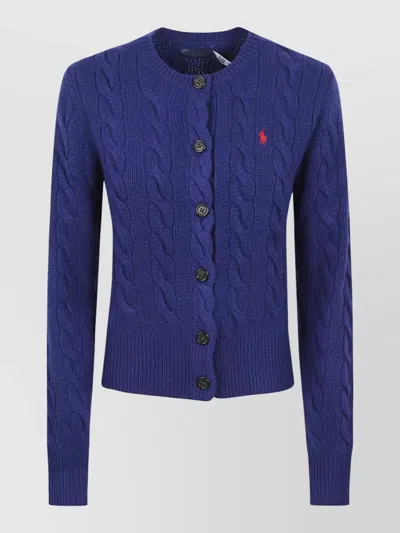 Polo Ralph Lauren Cable Knit Cardigan Sweater Ribbed Trim In Blue