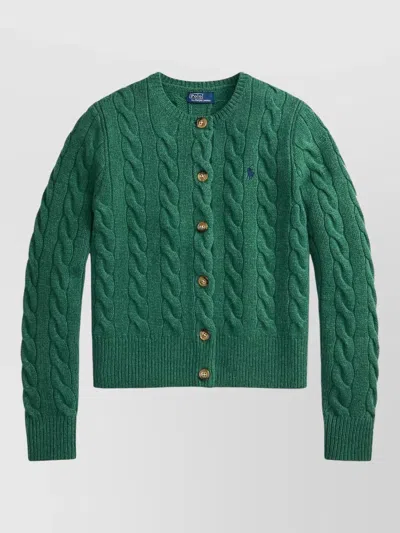 Polo Ralph Lauren Cable Knit Cardigan Sweater Ribbed Trims In Green