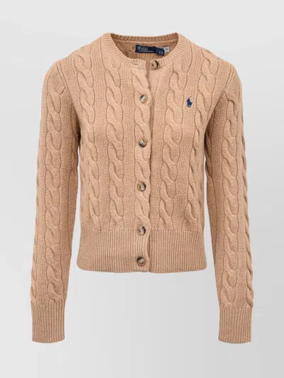 Polo Ralph Lauren Cable Knit Cardigan With Ribbed Finish In Brown