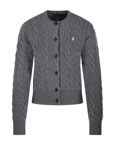 Polo Ralph Lauren Cable Knit Cardigan With Round Neckline In Gray