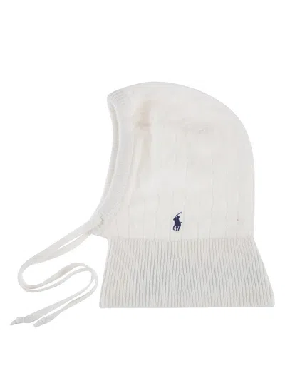 Polo Ralph Lauren Cable-knit Cashmere Blend Balaclava With Drawstring Fastening In White