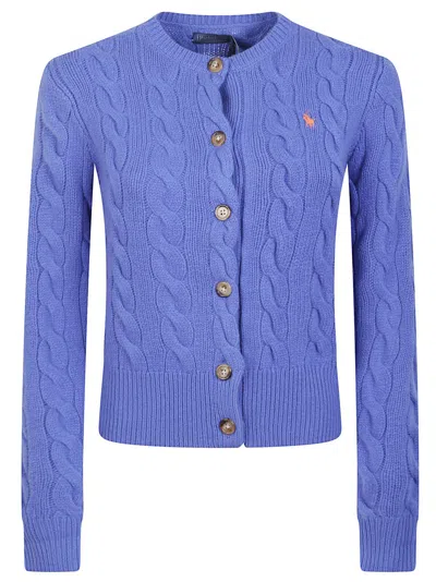 Polo Ralph Lauren Cable-knit Cashmere Blend Cardigan With Embroidered Pony In Blue
