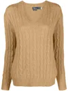Polo Ralph Lauren Oversize V Neck Sweater With Braids In Neutrals