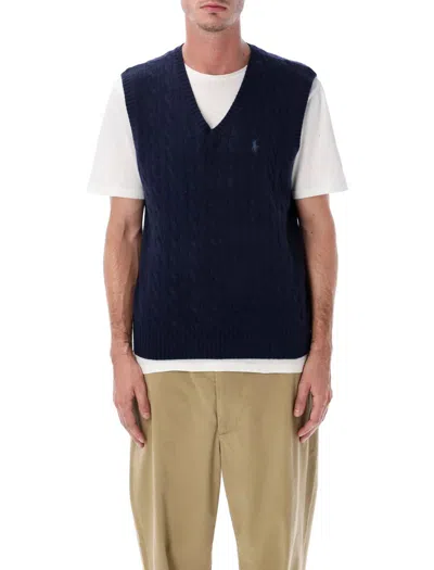 Polo Ralph Lauren Cable-knit Cashmere Sleeveless Jumper With V-neck In Blue