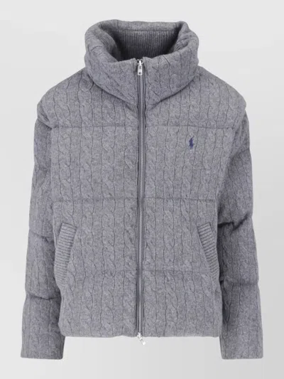 Polo Ralph Lauren Quilted Cable Knit High Collar Jacket In Gray