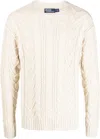 Polo Ralph Lauren White Cable-knit Crewneck Sweater With Front Contrasting Logo Embroidery In Wool And Cashmere In Neutrals