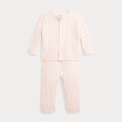 Polo Ralph Lauren Babies' Ralph Lauren Cable Stitch Cotton Cardigan & Sweater Pants Set In Morning Pink