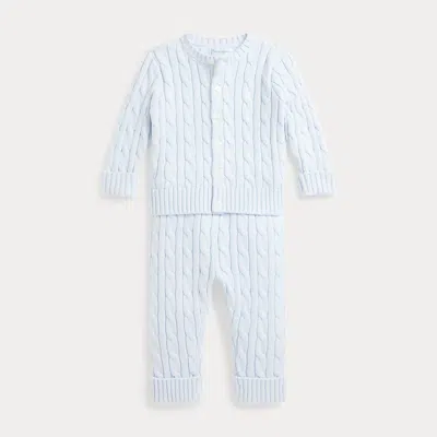 Polo Ralph Lauren Babies' Ralph Lauren Cable Stitch Cotton Cardigan & Sweater Pants Set In Pearl Blue