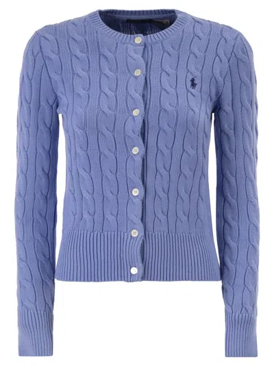Polo Ralph Lauren Cable Knit Cotton Crew Neck Cardigan In Blue