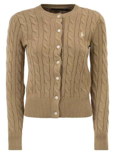 Polo Ralph Lauren Cable Knit Cotton Crew Neck Cardigan In Brown