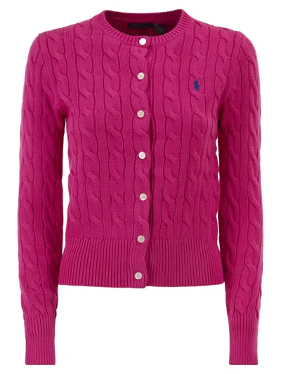 Polo Ralph Lauren Cable Knit Cotton Crew Neck Cardigan In Pink