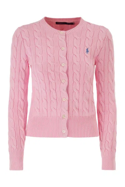Polo Ralph Lauren Cable Knit Cotton Crew Neck Cardigan In Pink
