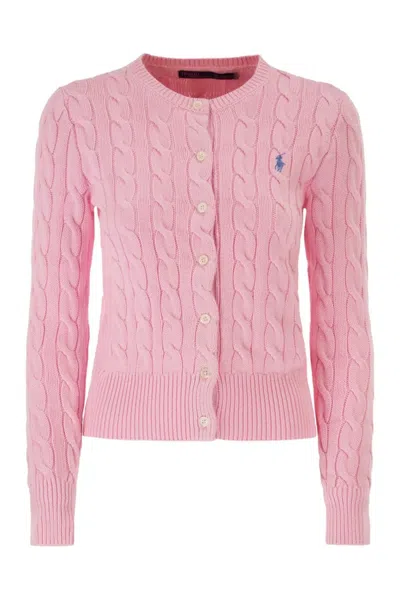 Polo Ralph Lauren Cable Knit Cotton Crew Neck Cardigan In Pink