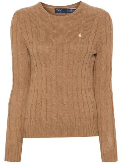 Polo Ralph Lauren Cable-knit Cotton Crewneck Slim Fit Jumper In Brown