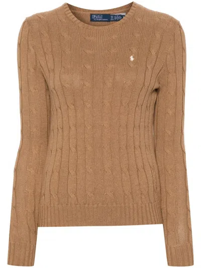 Polo Ralph Lauren Cable-knit Cotton Crewneck Slim Fit Jumper Clothing In Brown