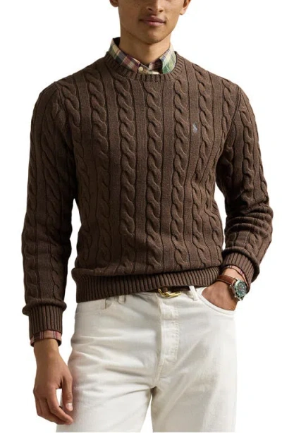 Polo Ralph Lauren Cable Knit Cotton Crewneck Sweater In Brown