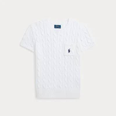 Polo Ralph Lauren Kids' Cable-knit Cotton Short-sleeve Sweater In Optic White W/ Navy