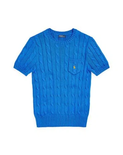 Polo Ralph Lauren Cable-knit Cotton Short-sleeve Sweater Woman Sweater Azure Size M Pima Cotton In Blue