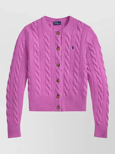 Polo Ralph Lauren Cable Knit Crew Neck Cardigan Sweater Top In Purple