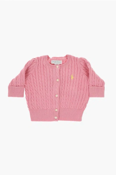 Polo Ralph Lauren Cable Knit Crew-neck Cardigan With Embroidered Logo In Pink