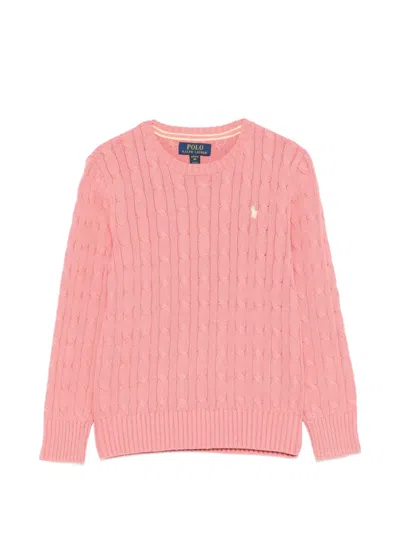 Polo Ralph Lauren Kids Logo-embroidered Cable-knit Crewneck Jumper In Pink