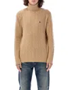 Polo Ralph Lauren Cable Knit Turtleneck Sweater With Embroidered Logo In Brown