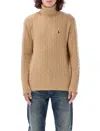 Polo Ralph Lauren Cable Knit Turtleneck Sweater With Embroidered Logo In Camel Melange