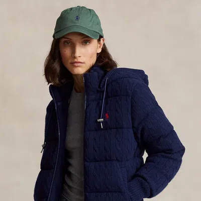 Polo Ralph Lauren Cable-knit Hooded Down Coat In Blue
