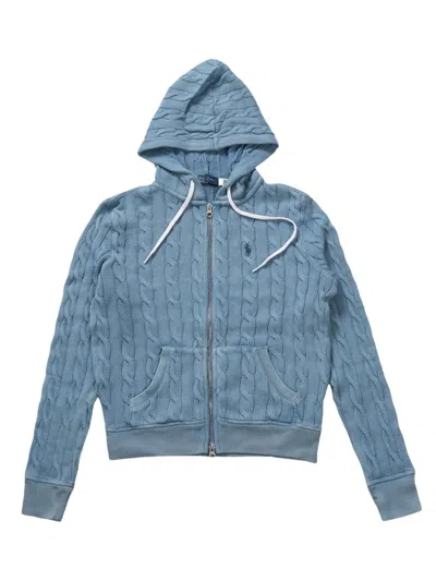 Polo Ralph Lauren Hooded Embroidered Cable-knit Cotton Cardigan In Blue
