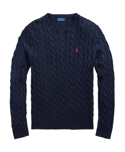 Polo Ralph Lauren Blue Cable Knit Crewneck Sweater With Pony Embroidery On The Front In Wool And Cashmere Man