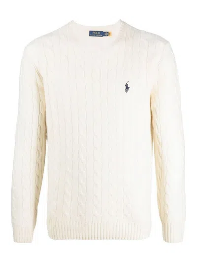 Polo Ralph Lauren White Cable Knit Crewneck Sweater With Pony Embroidery On The Front In Wool And Cashmere Man In Neutral