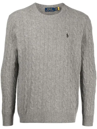 Polo Ralph Lauren Mens Logo-embroidery Cable-knit Wool And Cashmere-blend Knit Jumper Fawn Grey Heather