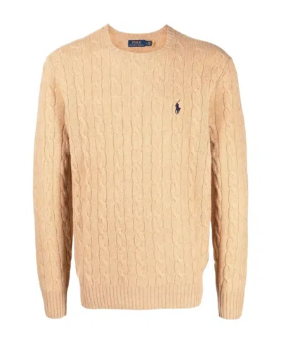 Polo Ralph Lauren Beige Cable Knit Crewneck Sweater With Pony Embroidery On The Front In Wool And Cashmere Man In Brown