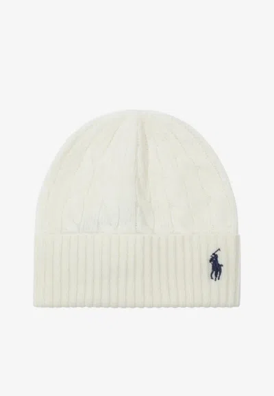 Polo Ralph Lauren Cable-knit Logo Beanie In Cream Wool And Cashmere In Beige
