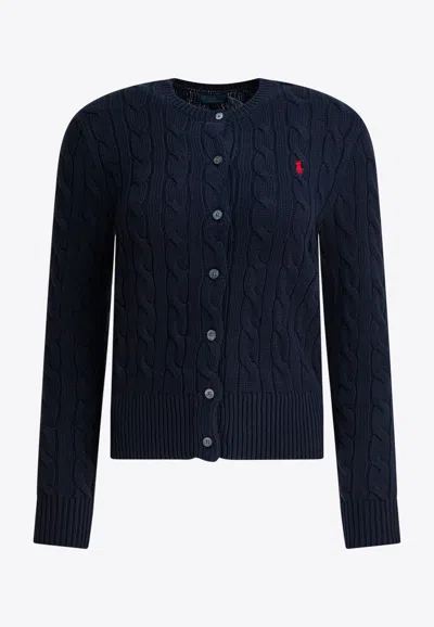 Polo Ralph Lauren Cable Knit Logo Cardigan In Blue