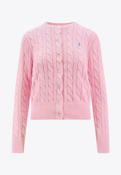 Polo Ralph Lauren Cable Knit Logo Cardigan In Pink