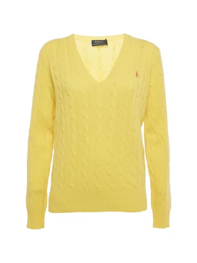 Pre-owned Polo Ralph Lauren Cable-knit Logo-embroidery Sweater In Yellow