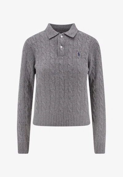 Polo Ralph Lauren Cable Knit Logo Polo Sweater In Gray