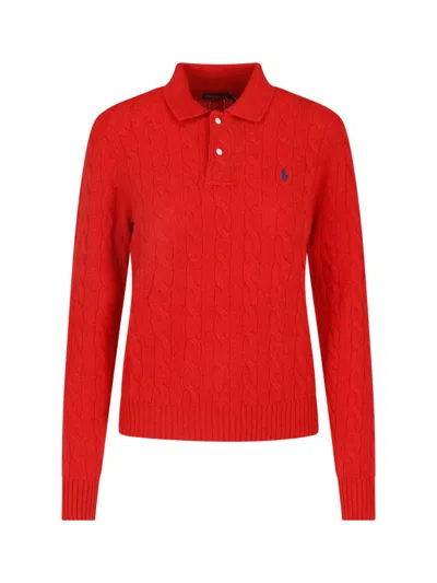 Polo Ralph Lauren Cable Knit Polo Collar Knit Sweater In Red