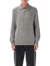 Polo Ralph Lauren Braid-patterned Heather Grey Long Sleeve Polo Pullover In Gray