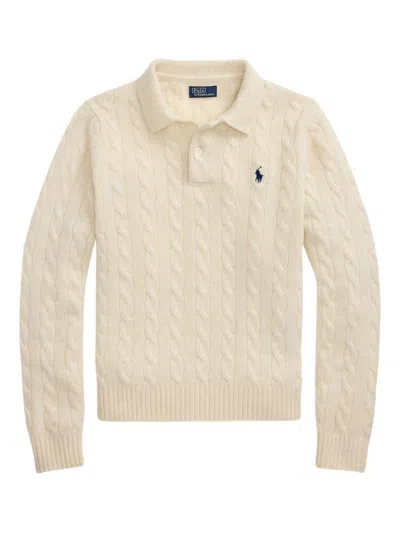 Polo Ralph Lauren Cable Knit Polo-style Sweater With Logo  In Neutral
