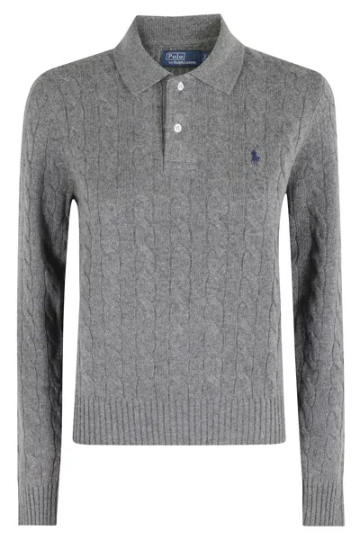 Polo Ralph Lauren Cable Knit Polo Sweater With Classic Collar And Ribbed Cuffs In Gray