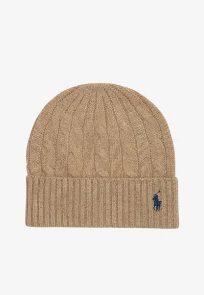 Polo Ralph Lauren Cable Knit Pony Wool Beanie In Sand