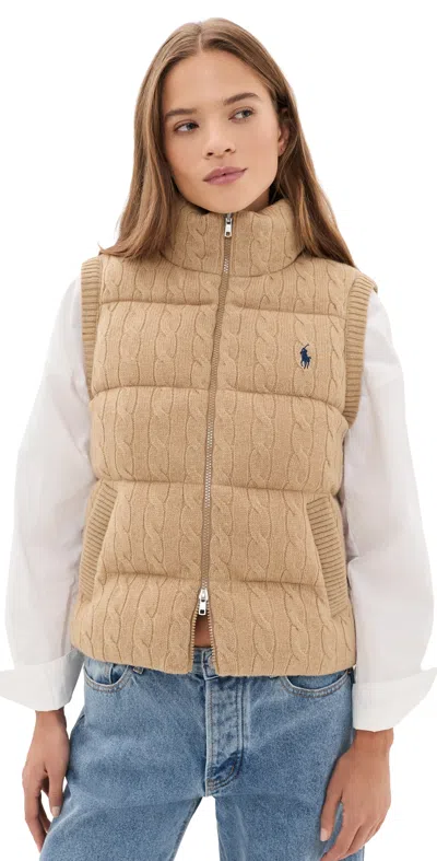 Polo Ralph Lauren Cable Knit Puffer Vest Collection Camel Melange