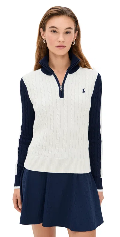 Polo Ralph Lauren Cable Knit Quarter Zip Sweater Antique White/refined Navy