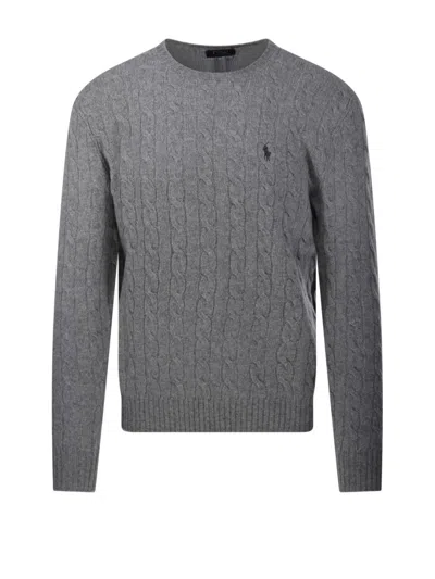 Polo Ralph Lauren Grey Crewneck Cable Knit Sweater With Pony Embroidery On The Front In Wool And Cashmere Man In Gray