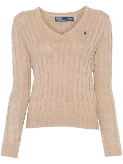 Polo Ralph Lauren Cable Knit V-neck Sweater In Beige
