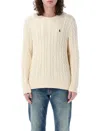Polo Ralph Lauren Classic Cable-knit Sweater With Ribbed Hem And Embroidered Logo In Neutral